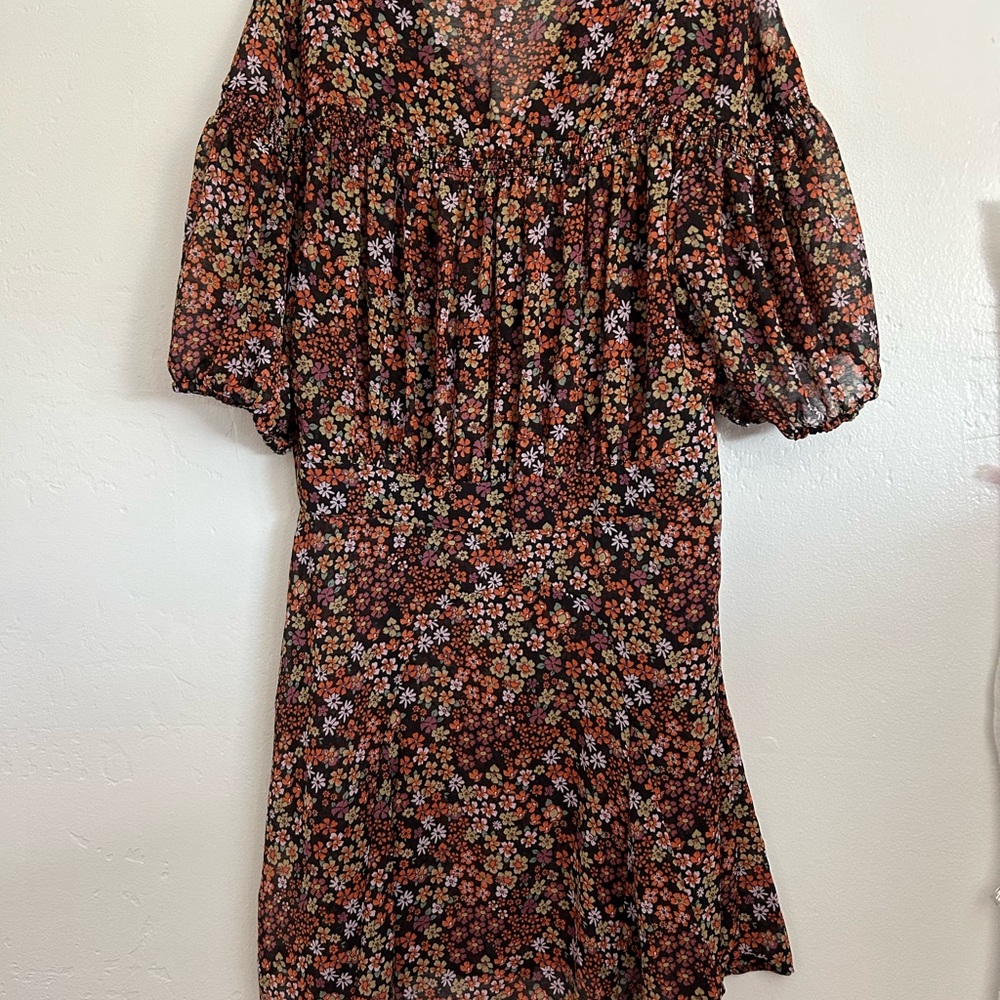 Free People NWOT Black 3/4 Puff Sleeve Dress with Orange, Pink Floral Print